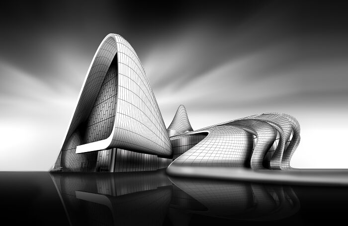 Futuristic architecture of buildings and spaces in a black and white fine art photo