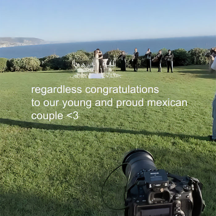A camera on grass capturing a Laguna Beach proposal with mariachis before being interrupted by Karen.