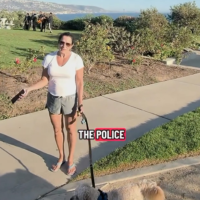 A woman labeled as a Laguna Beach Karen confronting a couple during their proposal A woman labeled as a Laguna Beach Karen confronting a couple during their proposal