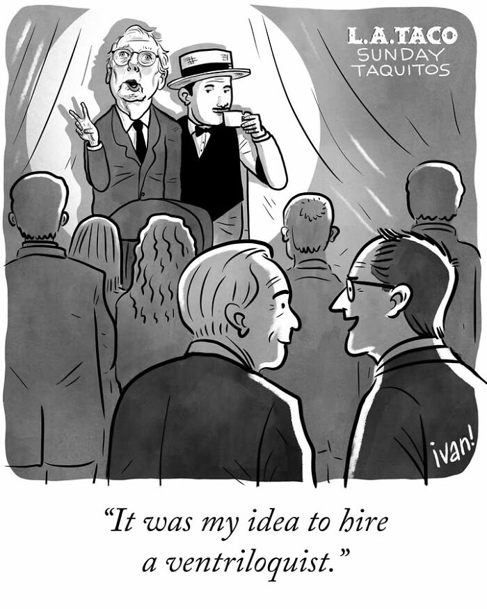 Political cartoon showing a ventriloquist controlling a politician on stage with a gaggle of spectators