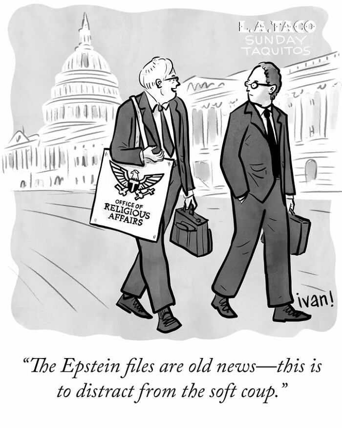 Political cartoon highlighting distraction from Epstein files related to a soft coup