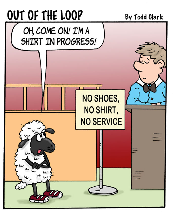A sheep in shoes tries to enter a restaurant in this satirical comic.