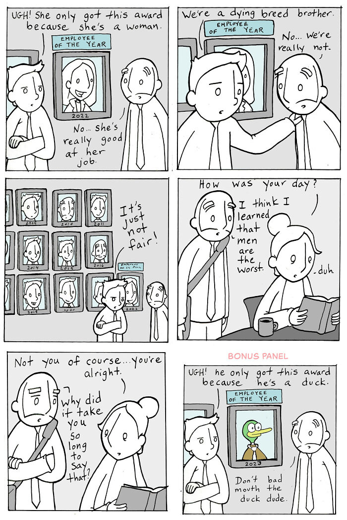 Workplace comic exploring fairness and gender bias in employee awards