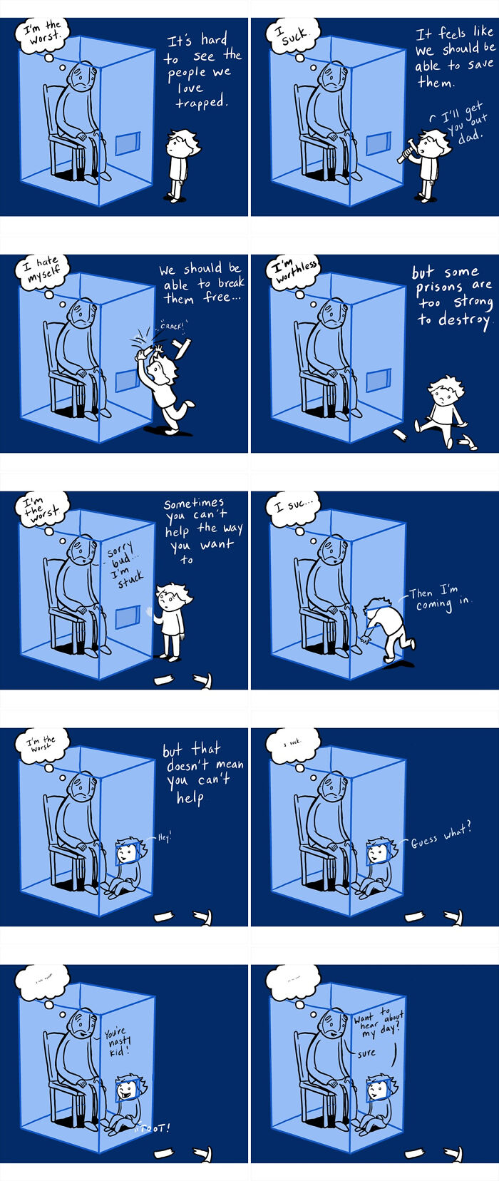 Blue comic about trapped emotions and kindness breaking prison walls