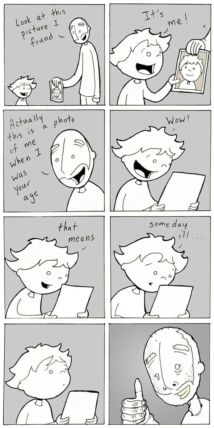 Comic showing a dad sharing a childhood photo about kindness and growing up