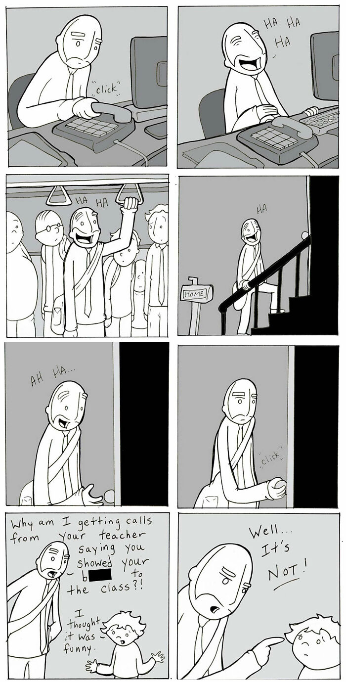 Comic about a man laughing alone then facing a serious talk on kindness