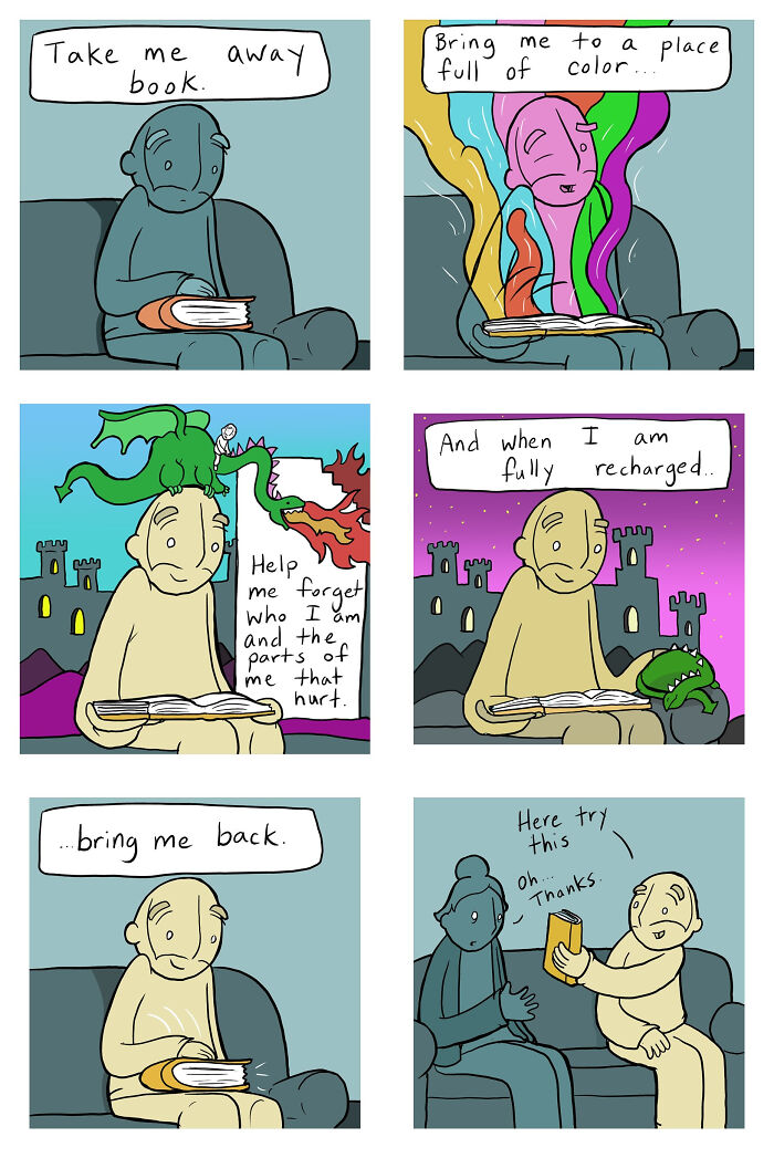 Comic of man escaping reality with books in kindness-themed story