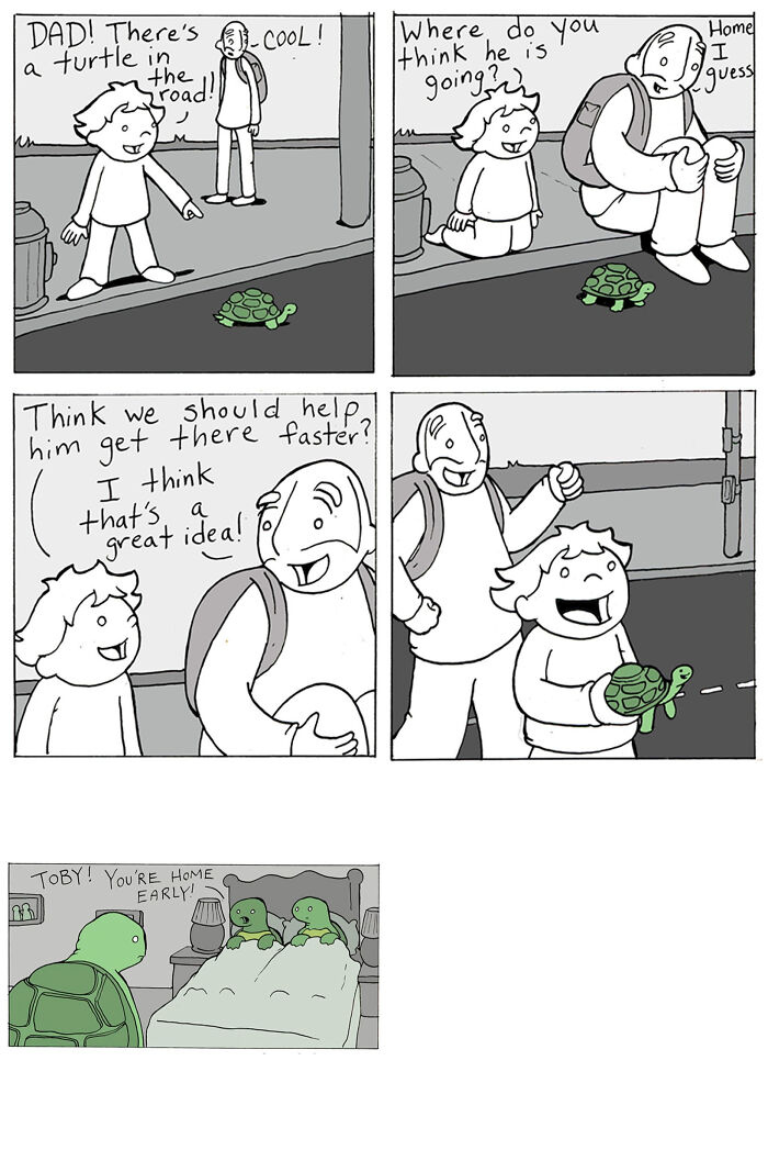 Dad and child rescue turtle in comic about kindness and the world
