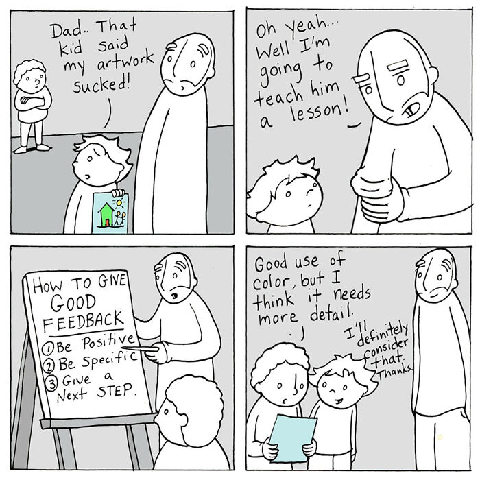 Comic about kindness with a dad teaching his child how to give good feedback and improve artwork