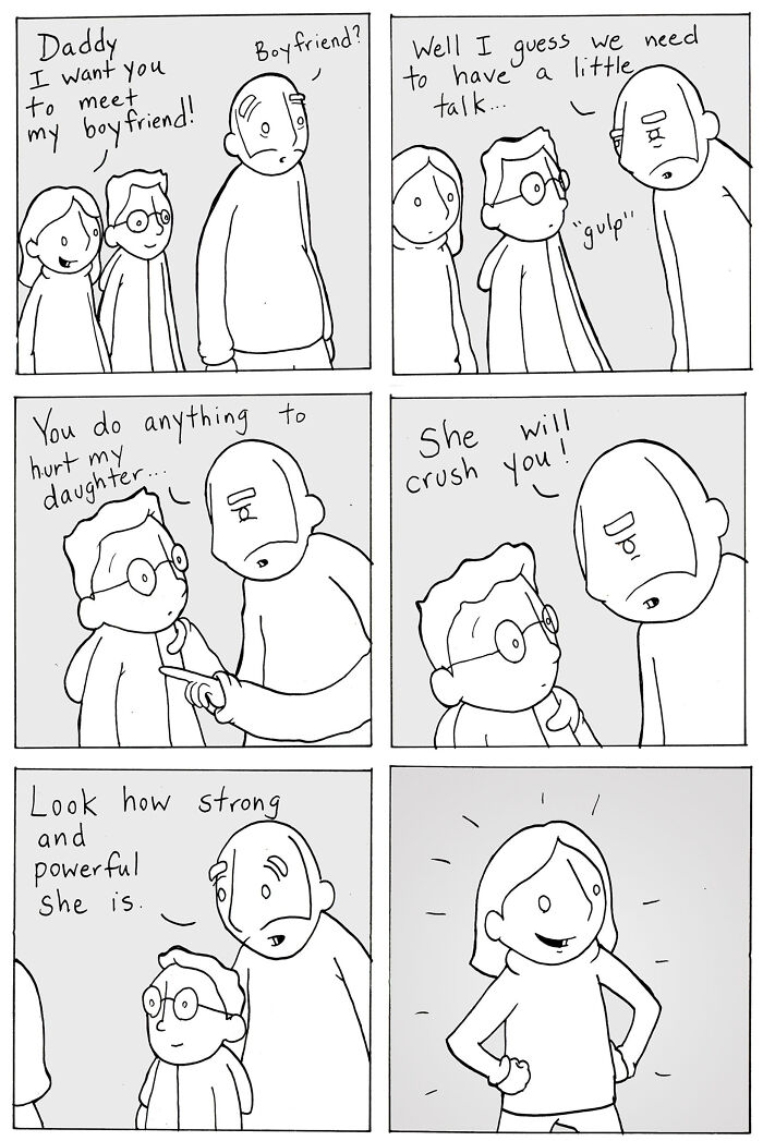Comic about kindness where a dad reacts to meeting his daughter's boyfriend and admires her strength