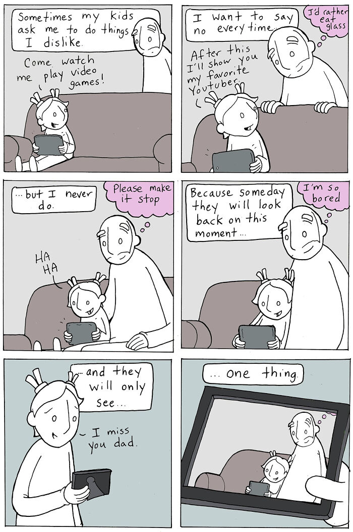 Comic about kindness showing a dad spending time playing video games with his child despite dislike