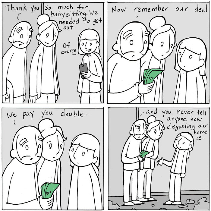 Comic about kindness with parents paying double to babysitter and asking to keep home secret