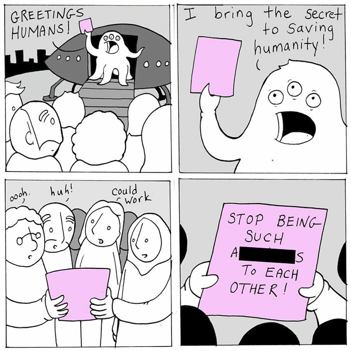 Alien comic panel delivering a message to stop being mean to each other