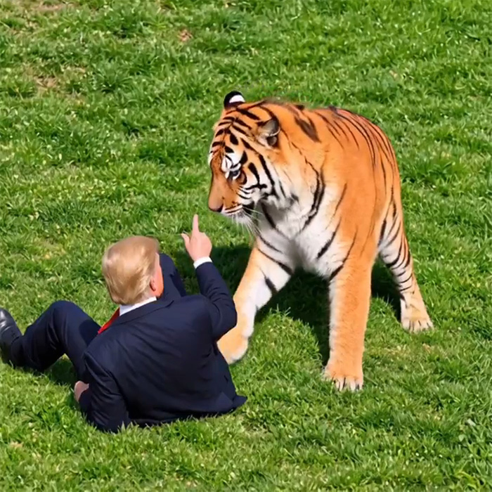 Donald Trump lying on grass facing tiger in controversial tiger video Donald Trump lying on grass facing tiger in controversial tiger video