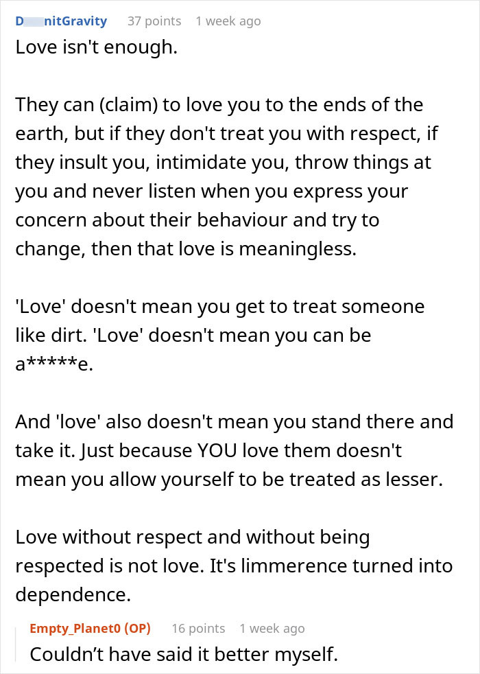 Online discussion thread emphasizing the importance of respect in a relationship.