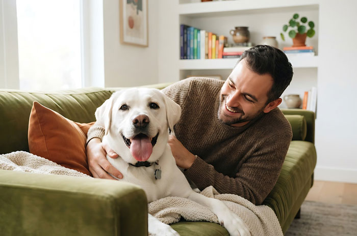 A smiling boyfriend sits on a green couch hugging a large white dog