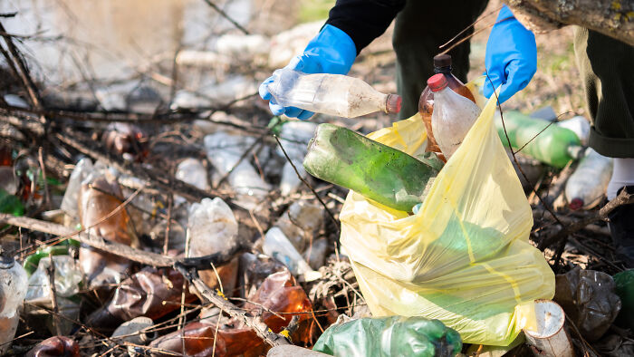 Volunteer wearing blue gloves collecting plastic waste in a bag, highlighting environmental PR stunts.