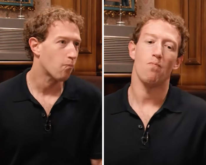 Side-by-side view of Mark Zuckerberg exhibiting bizarre behavior while tasting a drink. Side-by-side view of Mark Zuckerberg exhibiting bizarre behavior while tasting a drink.