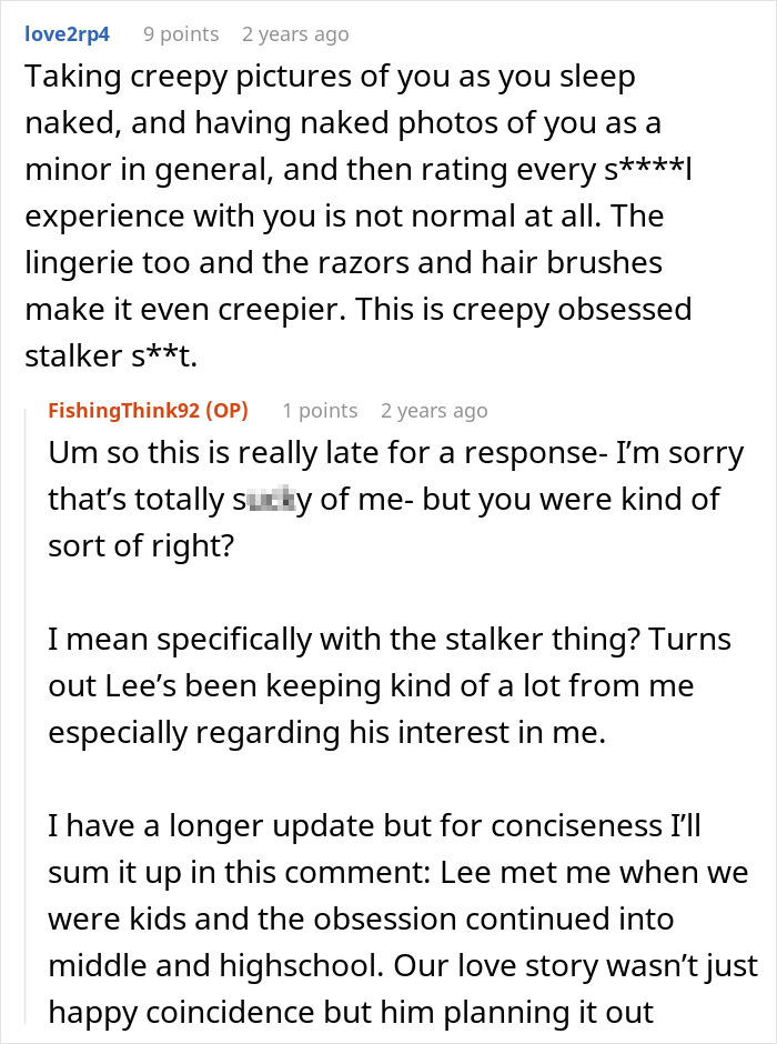 Online comment labeling husband's actions as creepy stalker behavior Online comment labeling husband's actions as creepy stalker behavior