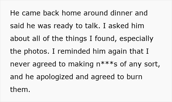Text about confronting husband over hidden photos and obsession Text about confronting husband over hidden photos and obsession