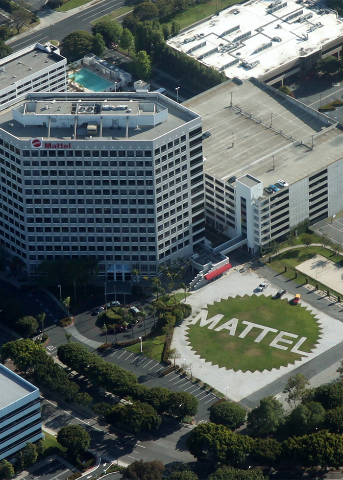 Aerial view of the Mattel corporate headquarters amidst a boycott controversy regarding Barbie packaging.