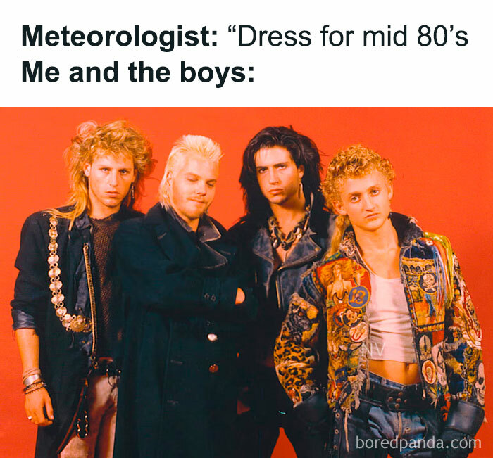 A humorous 1980s fashion meme showing the cast of The Lost Boys for a nostalgic laugh