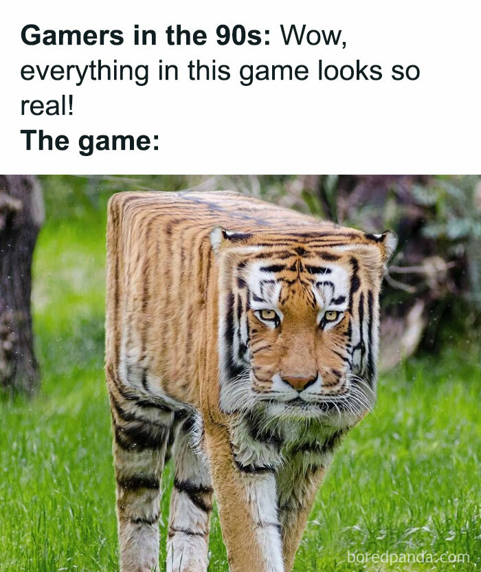 A humorous square-shaped tiger representing nostalgic 90s video game graphics