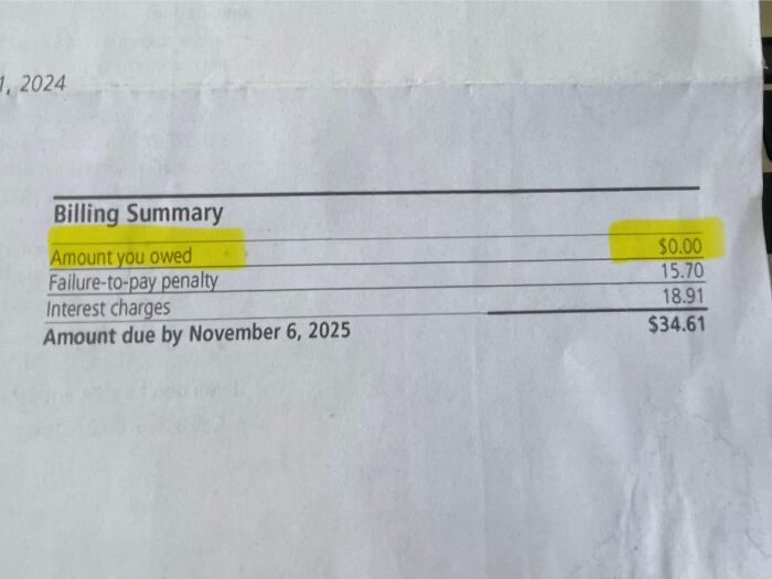 Absurd bill showing a failure to pay penalty and interest on an initial balance of zero dollars.