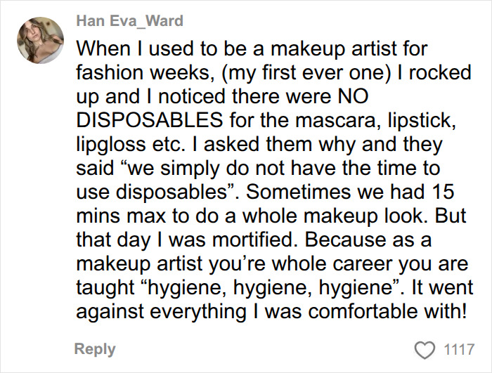 Comment from a former makeup artist exposing hygiene breaches during fashion week