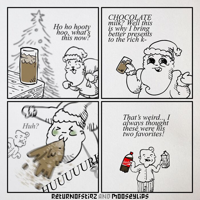 Humorous comic strip depicting Santa Claus having a hilarious reaction to a drink, filled with silly humor.