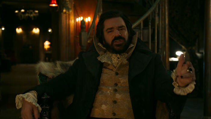 Laszlo from What We Do in the Shadows gesturing during a scene about intelligent insults