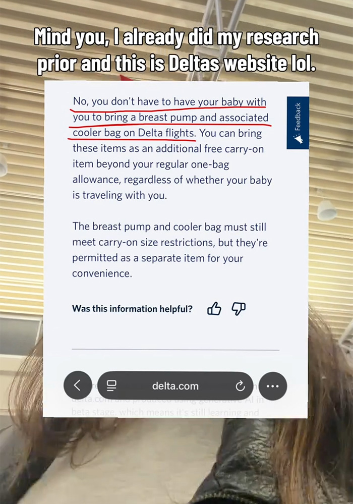 Screenshot of Delta official website policy on carrying a breast pump on flights. Screenshot of Delta official website policy on carrying a breast pump on flights.