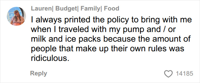Online comment on the Delta passenger airport exchange regarding traveling rules for carrying a breast pump. Online comment on the Delta passenger airport exchange regarding traveling rules for carrying a breast pump.