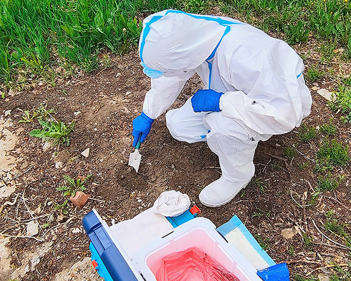 A scientist in a hazmat suit collecting soil samples in a field suspected of a plague lab leak A scientist in a hazmat suit collecting soil samples in a field suspected of a plague lab leak