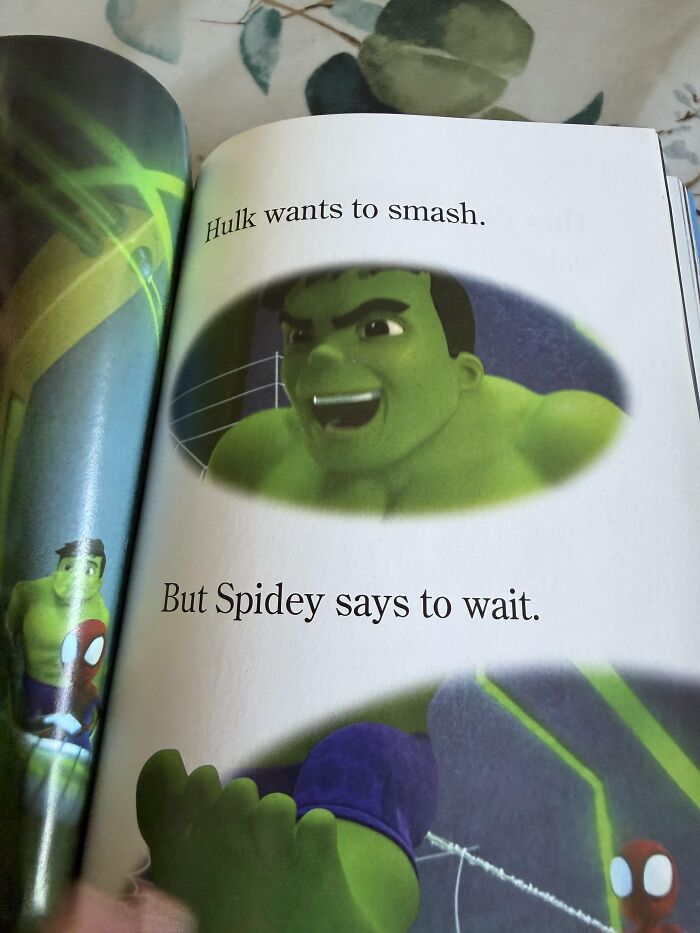 Children book page showing Hulk smiling with funny caption about wanting to smash