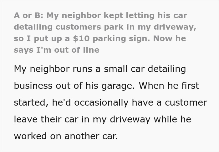 Text post about a neighbor letting car detailing customers park in a private driveway Text post about a neighbor letting car detailing customers park in a private driveway