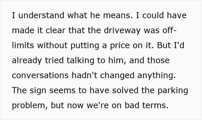 Text post explaining how a paid parking price tag solved a driveway issue with a neighbor. Text post explaining how a paid parking price tag solved a driveway issue with a neighbor.