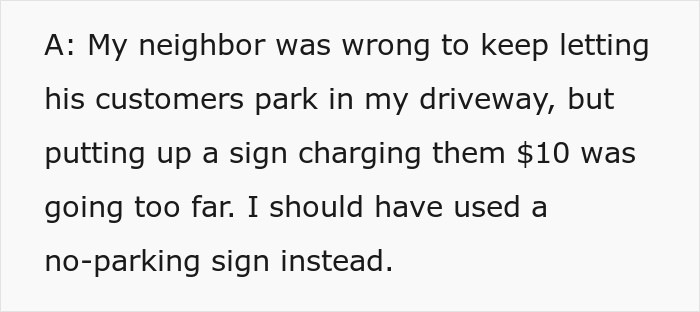 Text post arguing about setting a driveway parking price tag versus using a simple no-parking sign. Text post arguing about setting a driveway parking price tag versus using a simple no-parking sign.