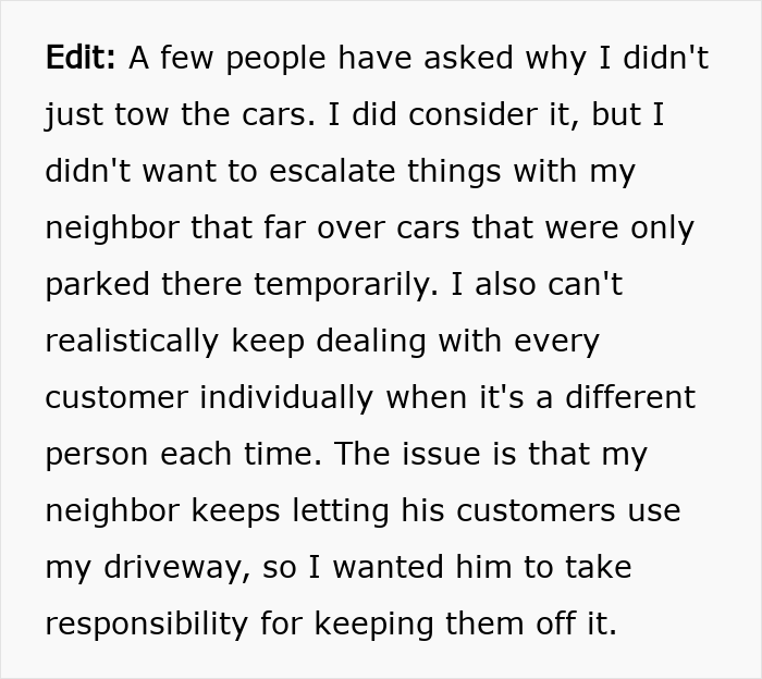 Text edit explaining the reasoning behind a driveway parking price tag instead of towing cars. Text edit explaining the reasoning behind a driveway parking price tag instead of towing cars.