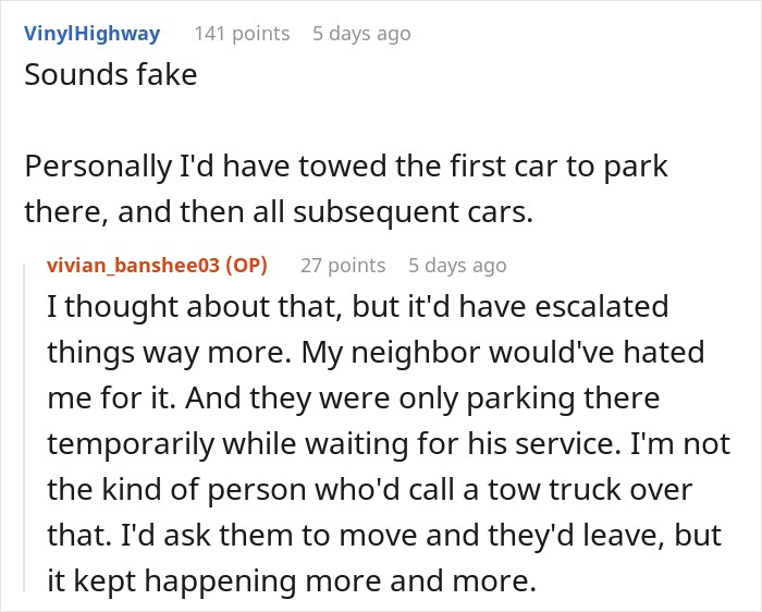 A Reddit thread discussion about neighbor's customers and driveway towing issues. A Reddit thread discussion about neighbor's customers and driveway towing issues.