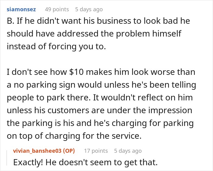 Comment section discussing charging a 10 dollar parking price tag for a neighbor's business. Comment section discussing charging a 10 dollar parking price tag for a neighbor's business.