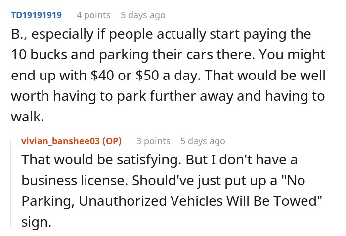 Reddit post discussing setting a parking price tag or towing unauthorized vehicles. Reddit post discussing setting a parking price tag or towing unauthorized vehicles.