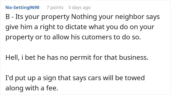 User reaction supporting property rights amidst a driveway parking dispute with a neighbor. User reaction supporting property rights amidst a driveway parking dispute with a neighbor.