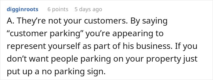 Online comment discussing property rights, no parking signs, and neighbor customers on driveway Online comment discussing property rights, no parking signs, and neighbor customers on driveway