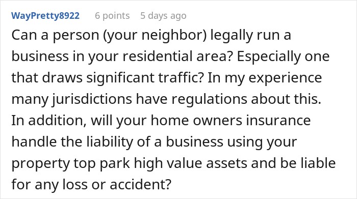 User comment raising questions about residential business regulations and driveway parking liability User comment raising questions about residential business regulations and driveway parking liability