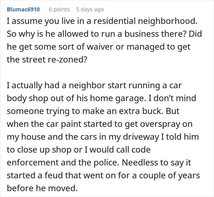 Text post sharing a personal story about a residential business feud over driveway parking issues Text post sharing a personal story about a residential business feud over driveway parking issues