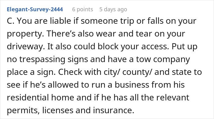 Comment outlining liability risks, wear and tear, and legal checks for driveway parking disputes Comment outlining liability risks, wear and tear, and legal checks for driveway parking disputes