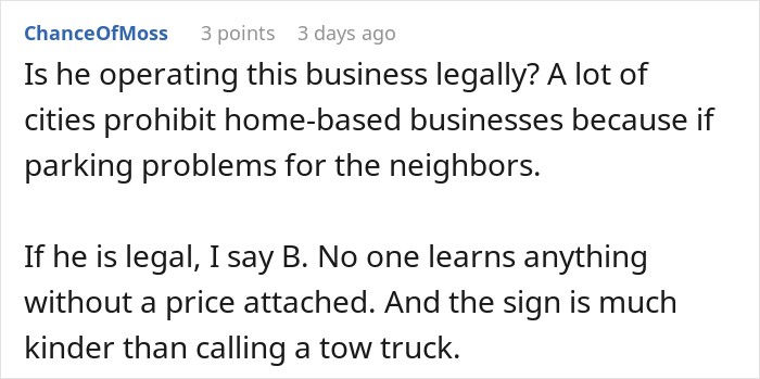 User comment discussing home-based business legality, driveway parking price tags, and tow truck alternatives. User comment discussing home-based business legality, driveway parking price tags, and tow truck alternatives.