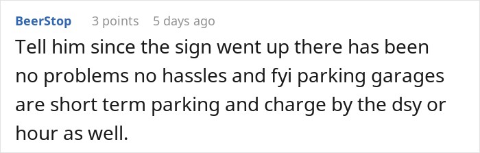 An online comment suggesting a paid parking price tag on a driveway solves parking issues. An online comment suggesting a paid parking price tag on a driveway solves parking issues.