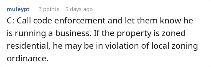 A comment advising code enforcement calls regarding residential zoning violations. A comment advising code enforcement calls regarding residential zoning violations.
